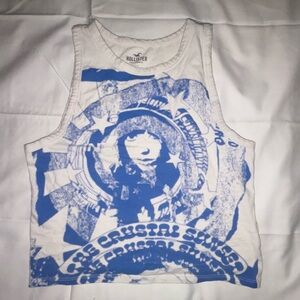 white and blue graphic tank top